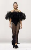 Givenchy Off-the-shoulder Couture Puff Fishnet Midi Dress In Black