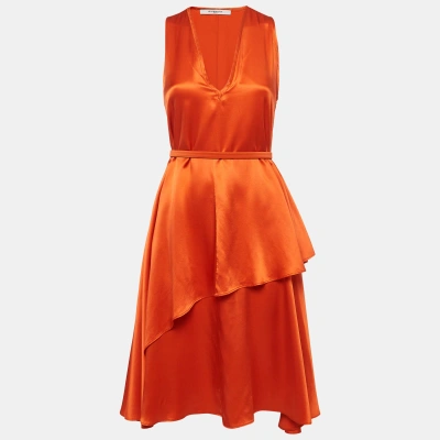 Pre-owned Givenchy Orange Satin Belted Sleeveless Layer Dress M
