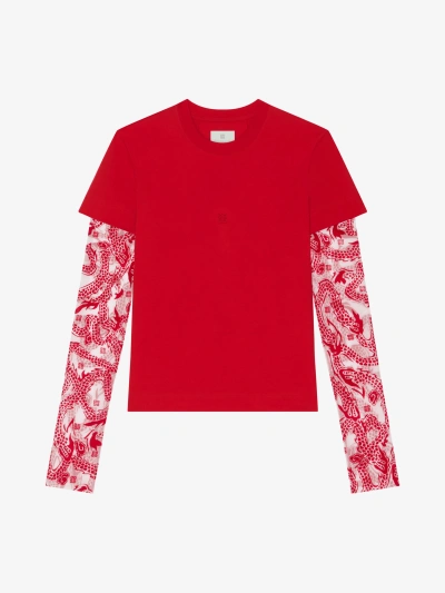 Givenchy Overlapped T-shirt In Cotton And 4g Dragon Tulle In Vermillon