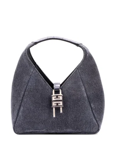 Pre-owned Givenchy Padlock Washed Denim And Crocodile Embossed Leather Mini Hobo Bag In Gray