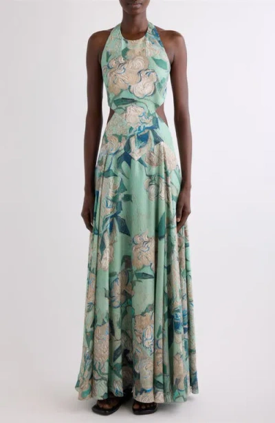 Givenchy Painted Floral Open Side Gown In Green