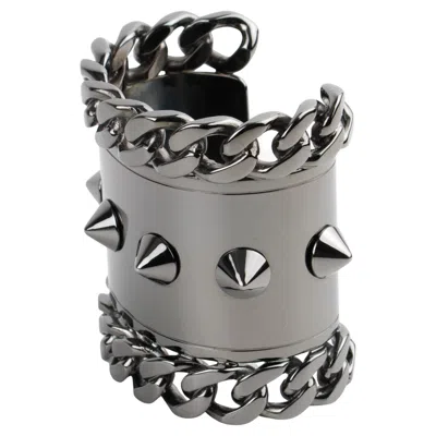 Pre-owned Givenchy Paris High-gloss Gunmetal Chains And Studs Cuff Bracelet In Gray