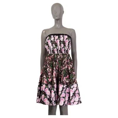 Pre-owned Givenchy Pink & Black Cotton Floral Strapless Poplin Dress S