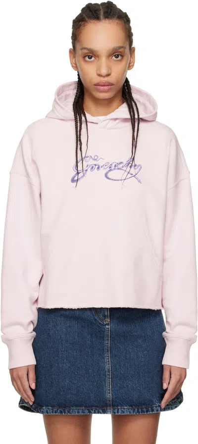 GIVENCHY PINK CROPPED 'GIVENCHY' SNAKE PRINT FLEECE HOODIE