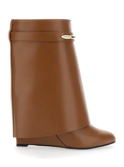 Givenchy Pointed Toe Wedge Heel Ankle Boots With Side Logo Plate In Brown Leather For Women