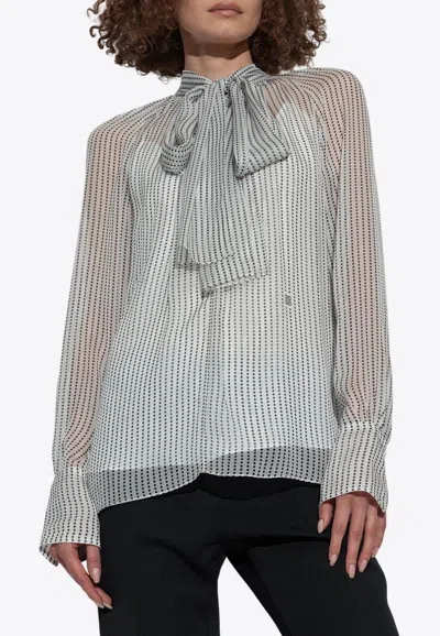 Givenchy Polka Dot Sheer Blouse With Bow-tie In Gray