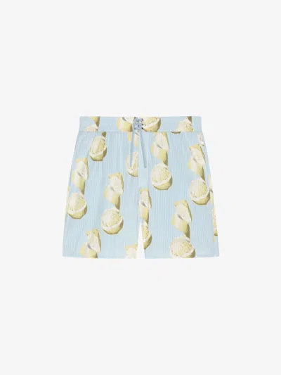 Givenchy Printed Swim Shorts In Cotton Seersucker In Blue/yellow