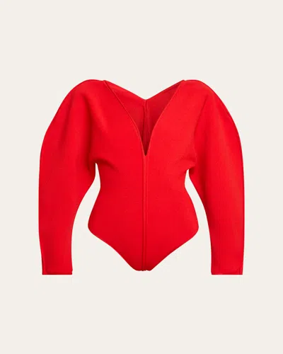 Givenchy Puff-sleeve Deep V-neck Bodysuit In Red
