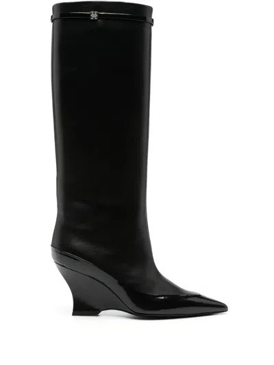 Givenchy Wedge Heel Raven Leather Boots 9cm In Black