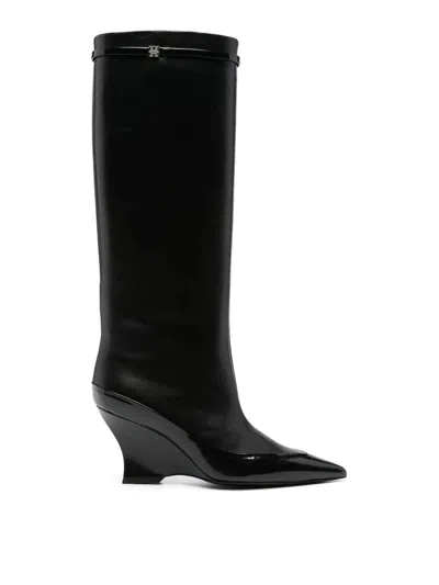Givenchy Wedge Heel Raven Leather Boots 9cm In Black