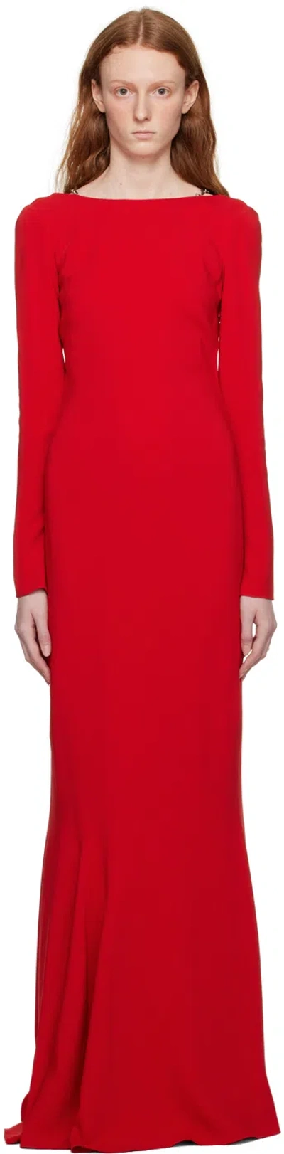 Givenchy Flared-hem Chain-strap Stretch-woven Maxi Dress In Vermillon