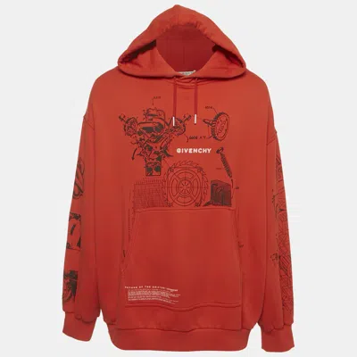 Pre-owned Givenchy Red Drifter Return Print Cotton Knit Hooded Oversized Sweatshirt L