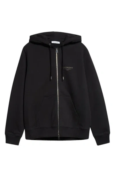 Givenchy Logo Stamp Zip-up Hooded Sweatshirt In Black