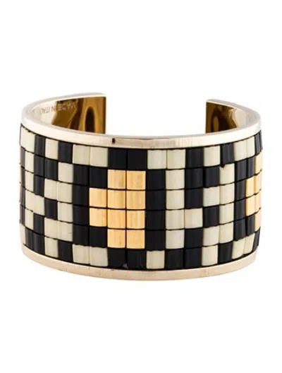 Pre-owned Givenchy Resin Geometric Mosaic Cuff Bracelet, 7" In Black/white