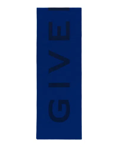 Givenchy Reversible Jacquard Wool Scarf With Bold Logo Design In Blue
