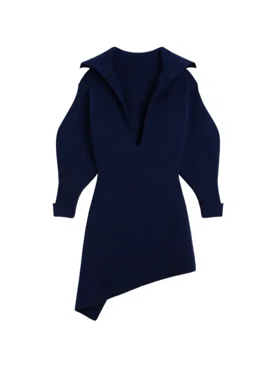 Givenchy High-neck Slashed Wool-cashmere Asymmetric Mini Sweater Dress In Colbalt Blue
