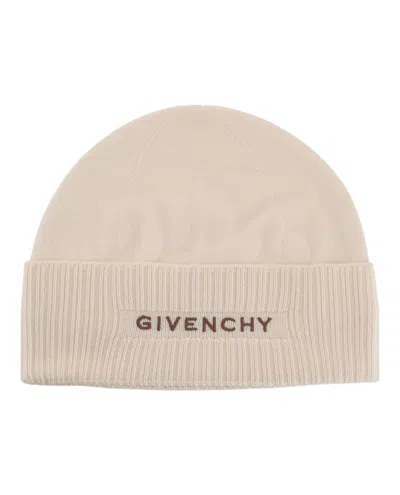Givenchy Ribbed Beanie With Front And Back Logo Embroidery In Neutral