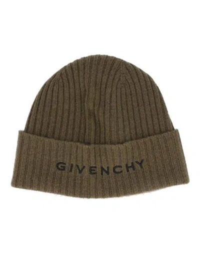 Givenchy Ribbed Embroidered Logo Beanie Man Hat Green Size - Wool, Cashmere In Khaki Black