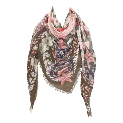 Pre-owned Givenchy Riccardo Tisci Pink Olive Green Wool Silk Rose Print Fringed Trim Scarf In Red