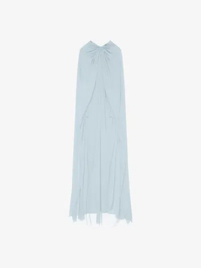 Givenchy Evening Cape Dress In Silk Georgette With Pearls In Light Blue
