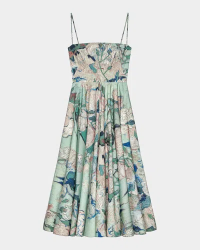 Givenchy Rose Print Cotton Poplin Sliced Midi Dress In Mint Green