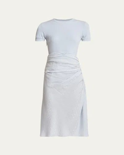 Givenchy Ruched Monogram Draped Silk Midi Dress In Pale Blue