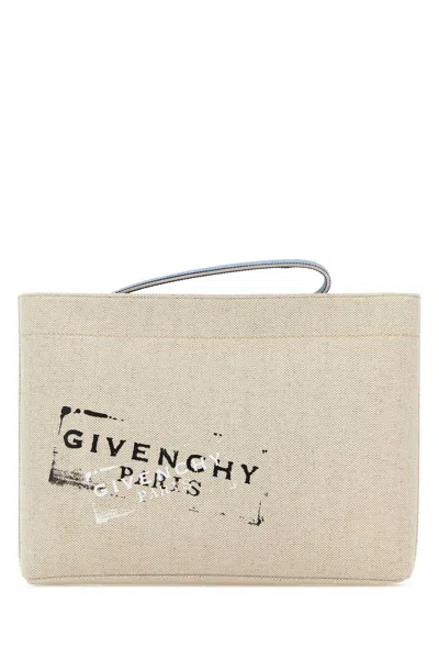 Givenchy Sand Canvas Clutch Bag With Leather Lining, 27cm X 22cm X 4cm In Beige O Tan