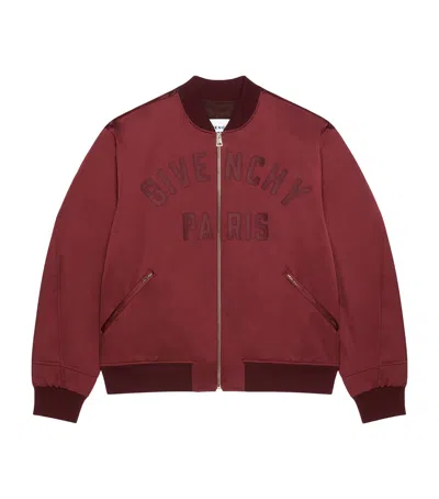 Givenchy Satin Logo Bomber Jacket In Burgundy