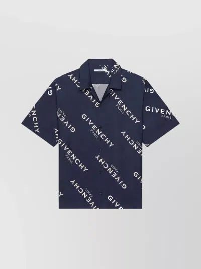 Givenchy Convertible-collar Logo-print Silk-twill Shirt In Blue