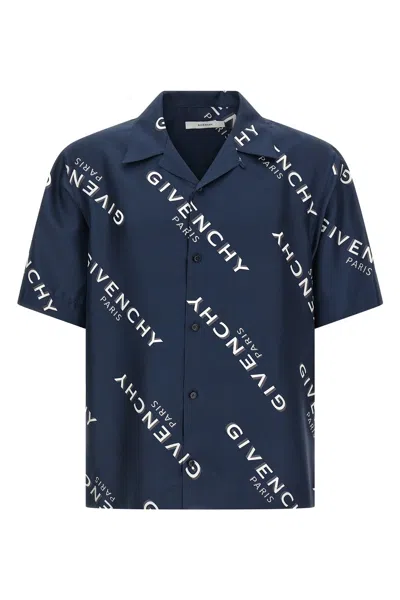 Givenchy Convertible-collar Logo-print Silk-twill Shirt In Blue