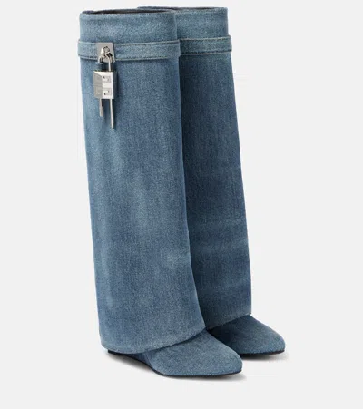 Givenchy Shark Lock 90 Denim Knee-high Boots In Blue