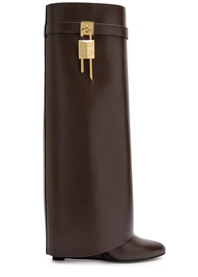 Givenchy Shark Lock 90 Leather Knee-high Boots In Brown