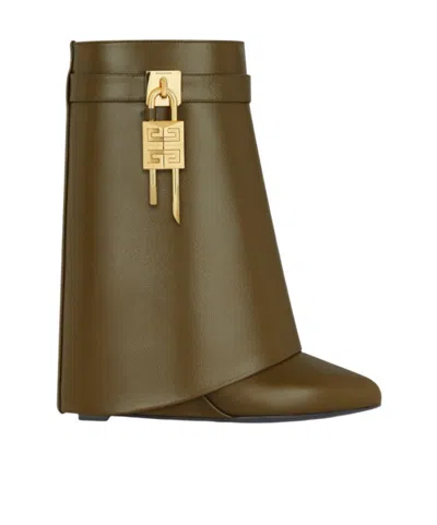 Givenchy Shark Lock Biker Ankle Boots In Grained Leather In Dark Khaki