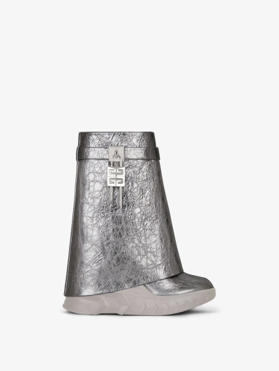 Givenchy Shark Lock Biker Ankle Boots In Laminated Leather In Silvery Grey