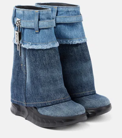 Givenchy Shark Lock Biker Denim Ankle Boots In Blue