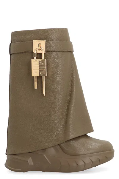 Givenchy Shark Lock Biker Leather Ankle Boots In Dark Khaki