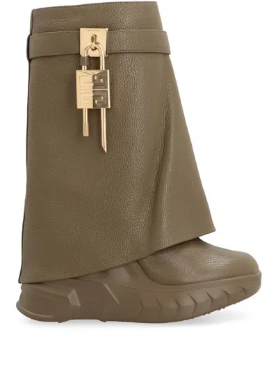 Givenchy Shark Lock Biker Ankle Boots In Grained Leather In Dark Khaki