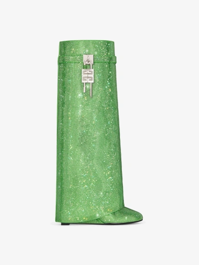 Givenchy Shark Lock Boots In Satin With Strass In Absynthe Green