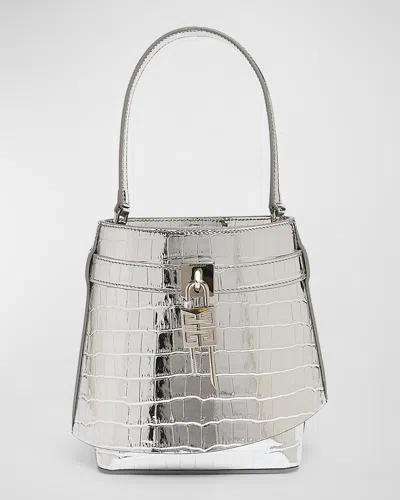 Givenchy Shark Lock Bucket Bag In Metallic Croc-embossed Leather In Light Silver