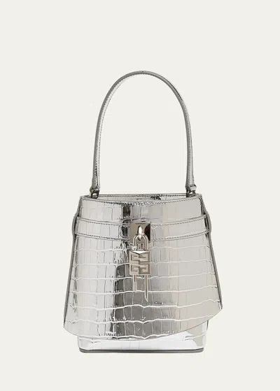 Givenchy Shark Lock Bucket Bag In Metallic Croc-embossed Leather In Silver
