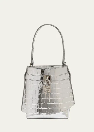 Givenchy Shark Lock Bucket Bag In Metallic Croc-embossed Leather In Light Silver