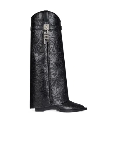 Givenchy Women's Shark Lock Cowboy Boots In Leather With Western Pattern In Black