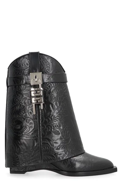 Givenchy Shark Lock Cowboy Leather Ankle Boots In Black