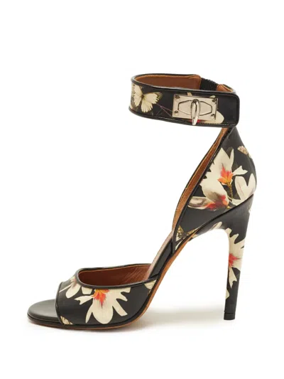 Pre-owned Givenchy Shark Lock Floral-print Sandals In Black