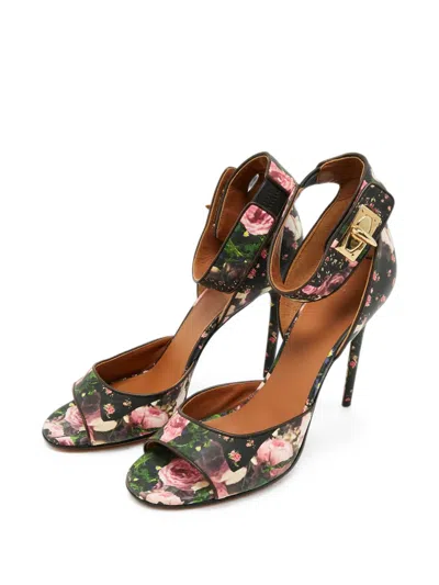 Pre-owned Givenchy Shark Lock Floral-print Sandals In Black