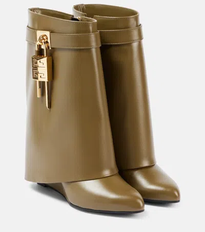 Givenchy Shark Lock Leather Wedge Boots In 313-dark Khaki