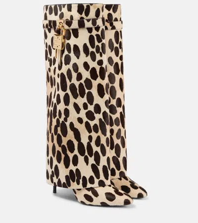 Givenchy Shark Lock Leopard-print Pony Hair Knee-high Boots In Yellow