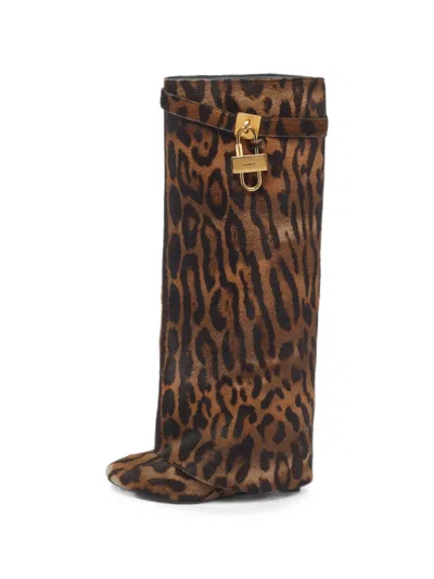 Pre-owned Givenchy Shark Lock Leopard-print Knee-high Boots In Brown