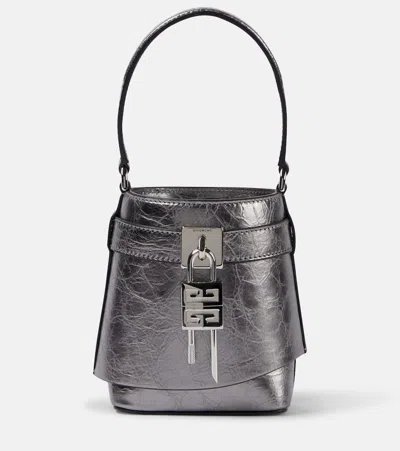 Givenchy Shark Lock Micro Metallic Leather Bucket Bag In Silver