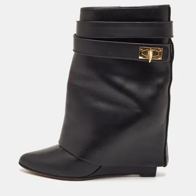 Pre-owned Givenchy Shark Lock Size 37.5 Black Leather Wedge Ankle Length Boots